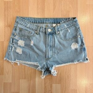 UNIF | High-rise Light Wash Distressed Ripped Denim Shorts